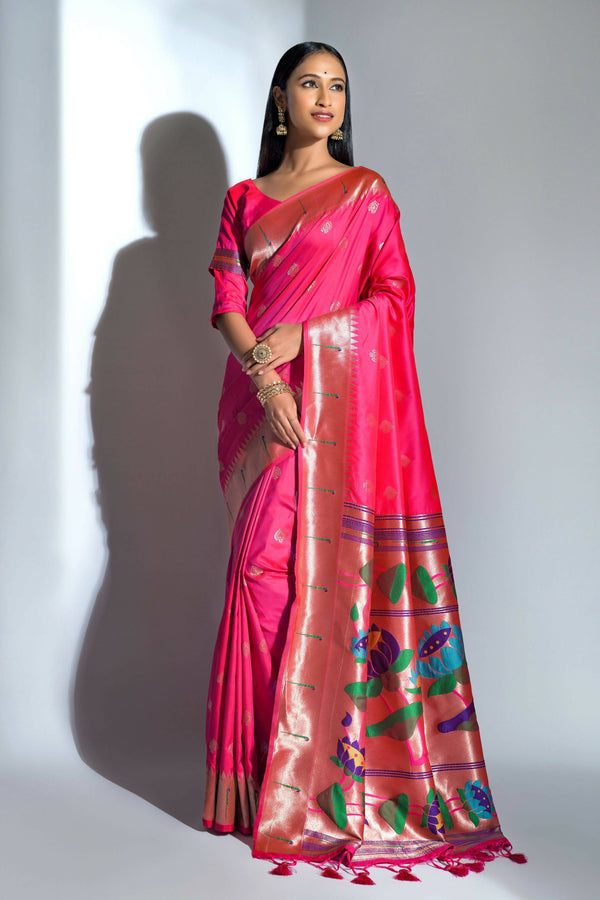 Vishnu Weaves Women's Rani Pink Paithani Silk Zari Woven Saree with Unstitched Blouse - Distacart