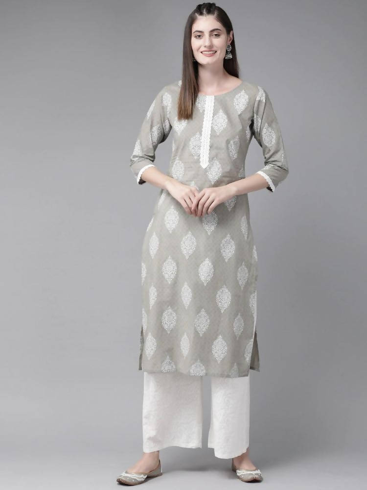 Yufta Grey and Off White Printed Kurta with Palazzo set