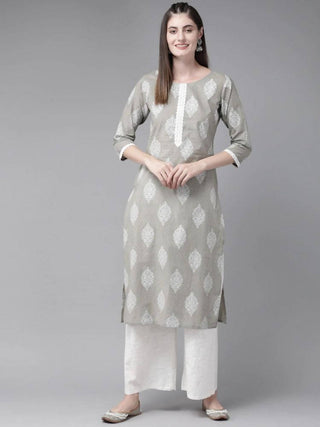 Yufta Grey and Off White Printed Kurta with Palazzo set