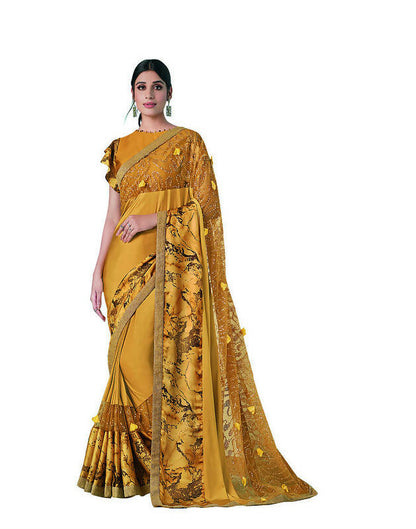 Mustard Lycra sequence Saree with Unstitched Blouse Piece - Norita Elaura - Distacart