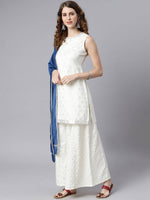 Thumbnail for Janasya Off White & Silver Printed Kurta with Palazzos & Dupatta - Distacart