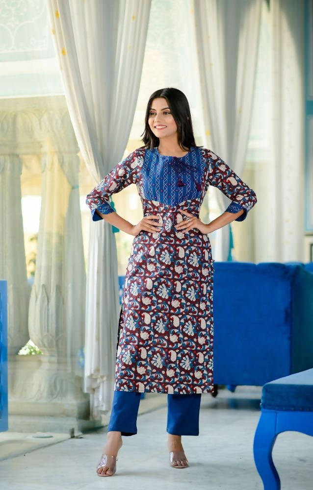 Yufta Women Blue Floral Printed Regular Pure Cotton Kurta with Trouser