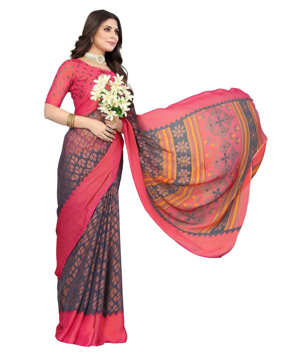 Vamika Grey Chiffon Brasso Bollywood Style Woven Saree (ALIZA GREY) - Distacart