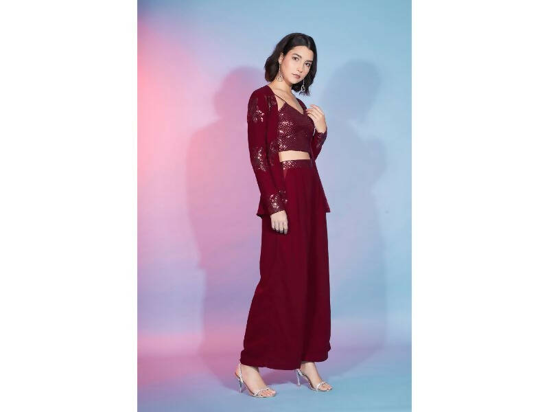 Red Georgette Sequence With Thread Designer Co-Ord Set - Flory - Distacart