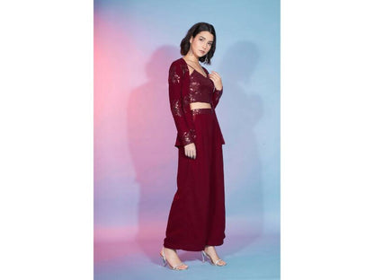 Red Georgette Sequence With Thread Designer Co-Ord Set - Flory - Distacart