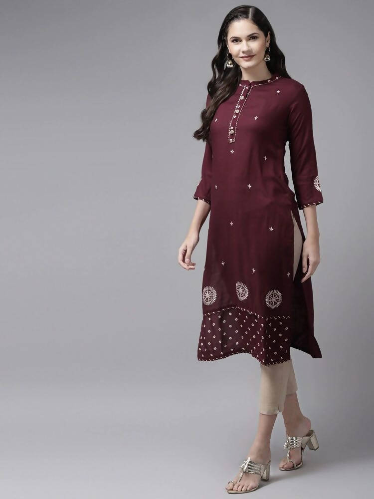 Yufta Women Maroon Ethnic Motifs Embroidered Kurta