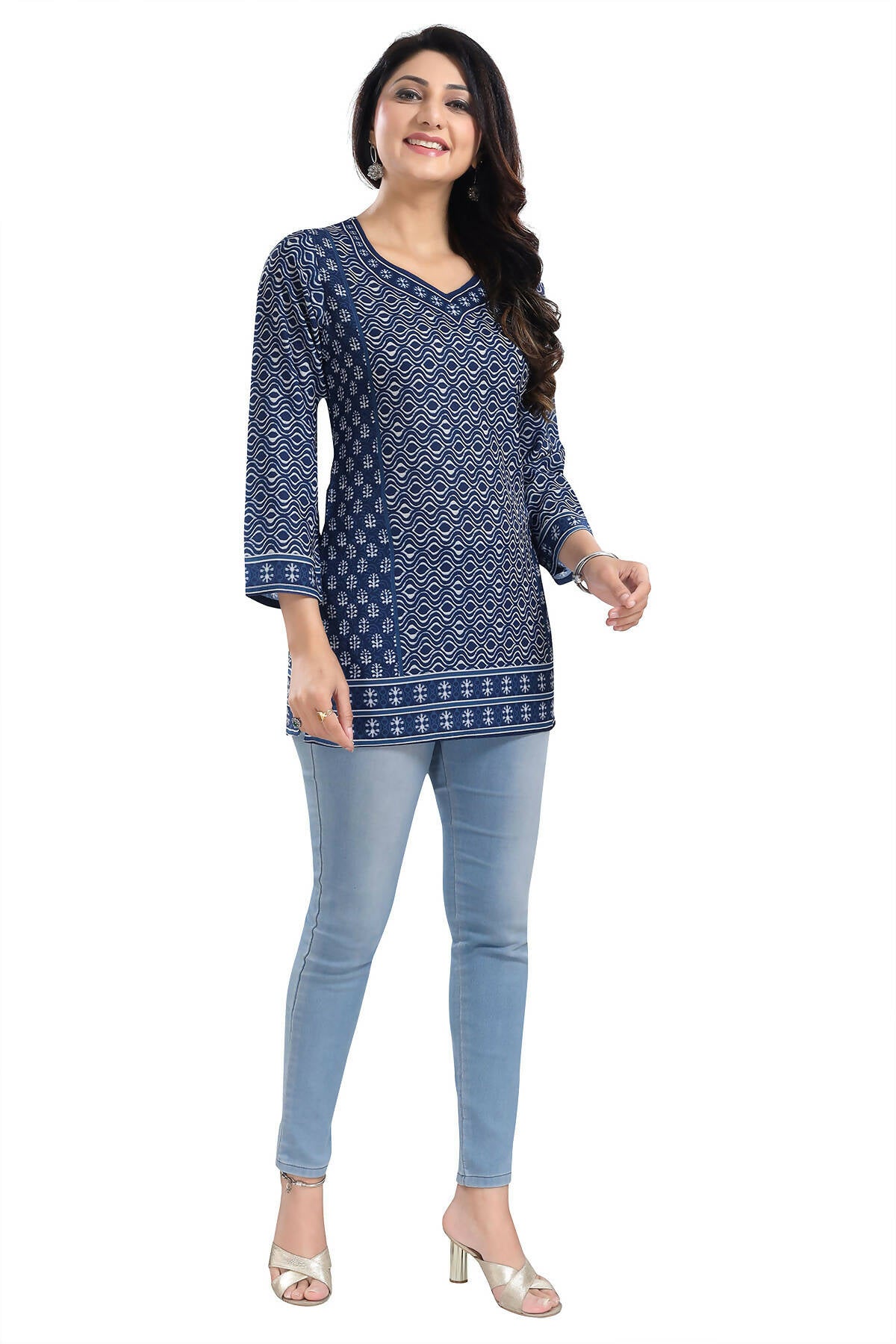 Snehal Creations Bright Indigo Summer Cool Printed Short Kurti Tunic - Distacart