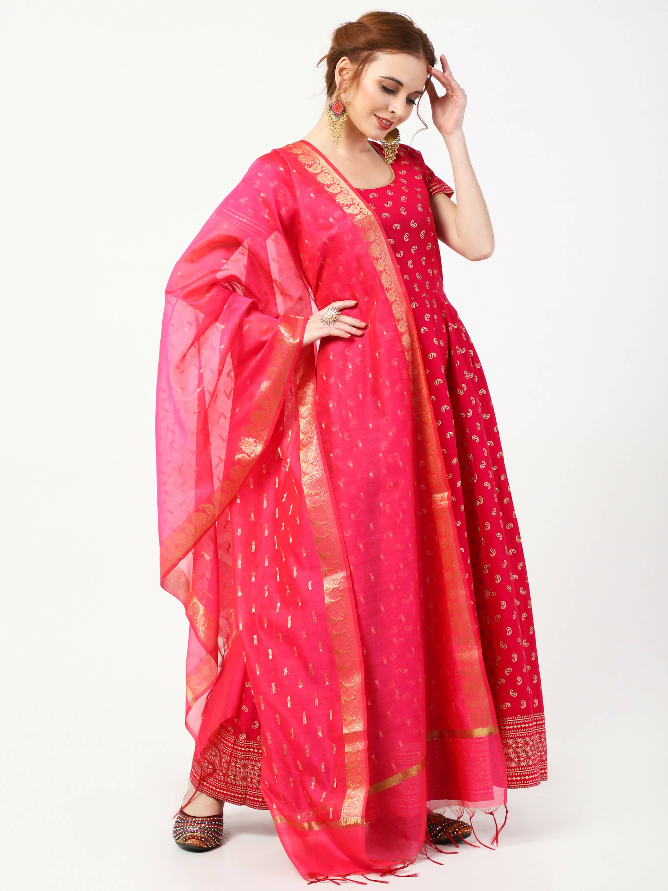 Cheera Women's Deep Pink Cotton & Silk Hand Block Print Long Dress With Silk Dupatta Set - Distacart