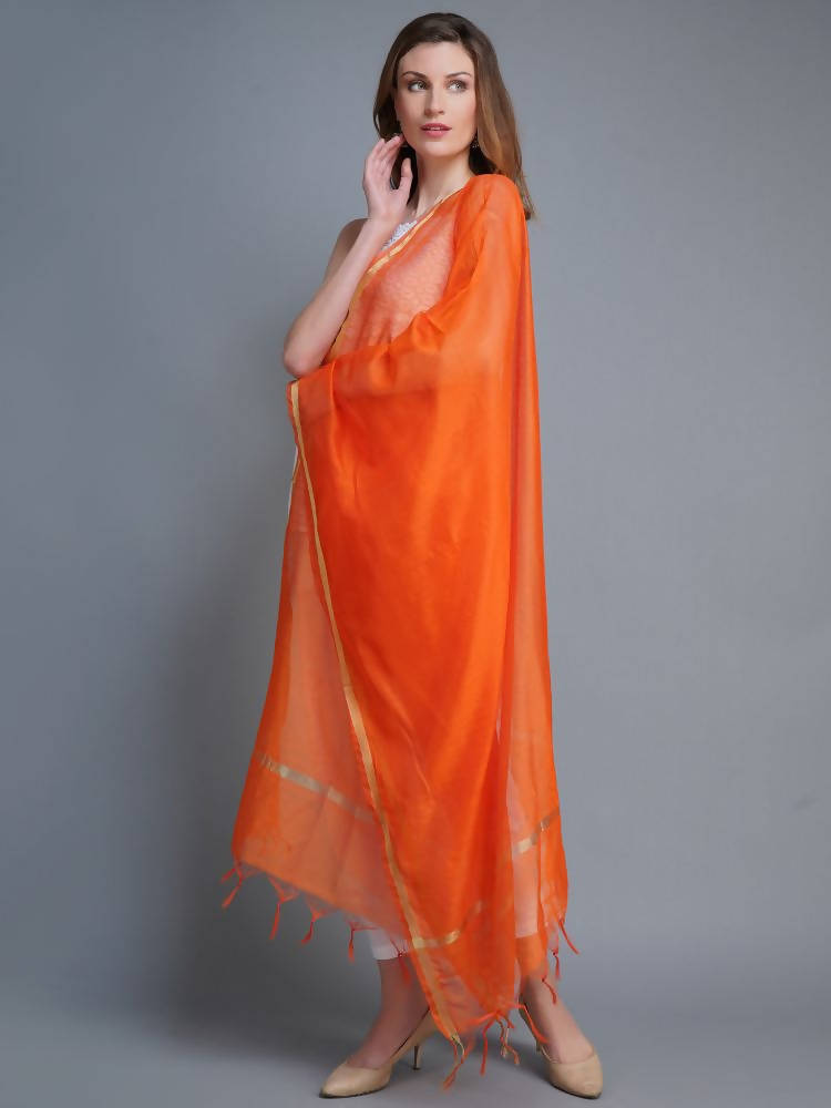 Shehnaai Chanderi Silk Dupatta In Orange Colour With Golden Woven Border