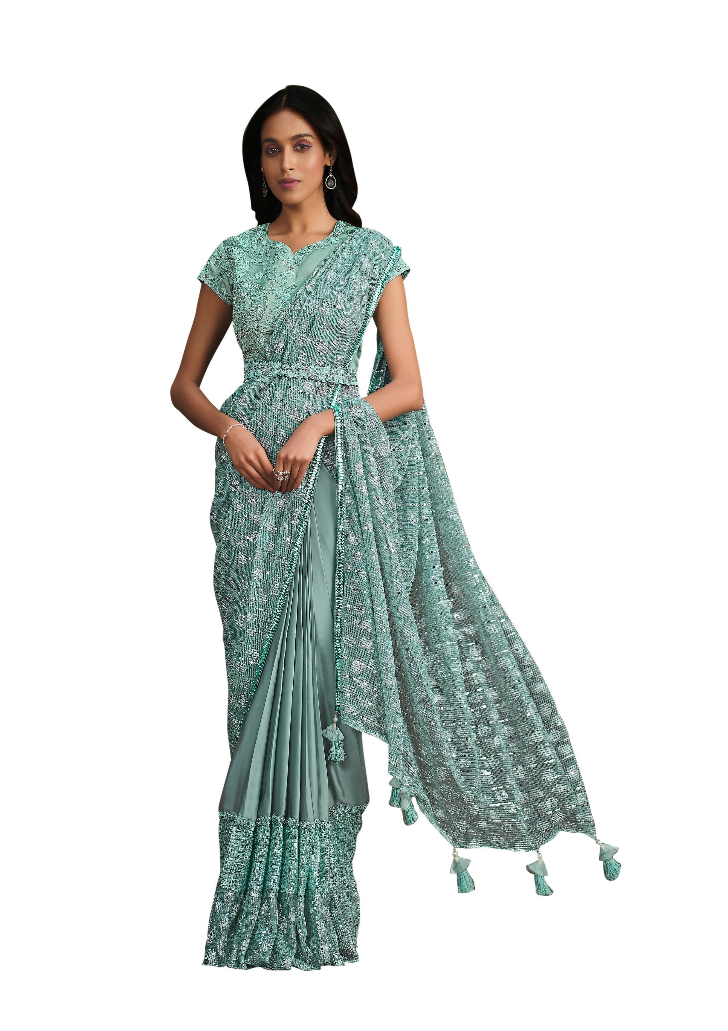 Light Blue Crepe Silk Sequence Embroidered With Texture Saree With Stitched Blouse - Mohmanthan La Belle - Distacart