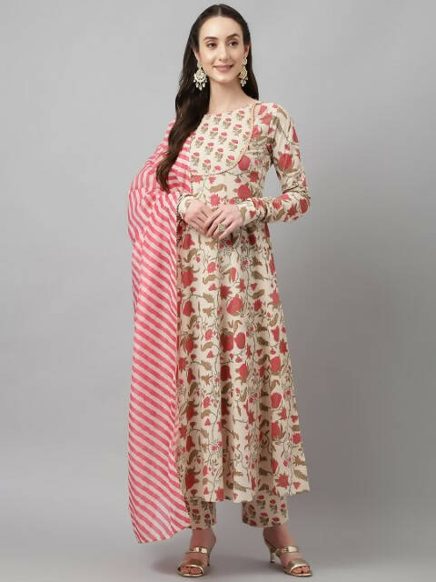 FIORRA Women's Beige Pure Cotton Flared Kurta Pant With Dupatta - Distacart