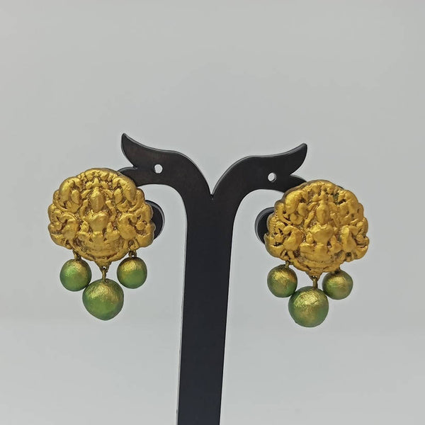 Terracotta Lakshmi Devi Studs With Dangles-Golden Green