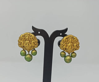 Terracotta Lakshmi Devi Studs With Dangles-Golden Green
