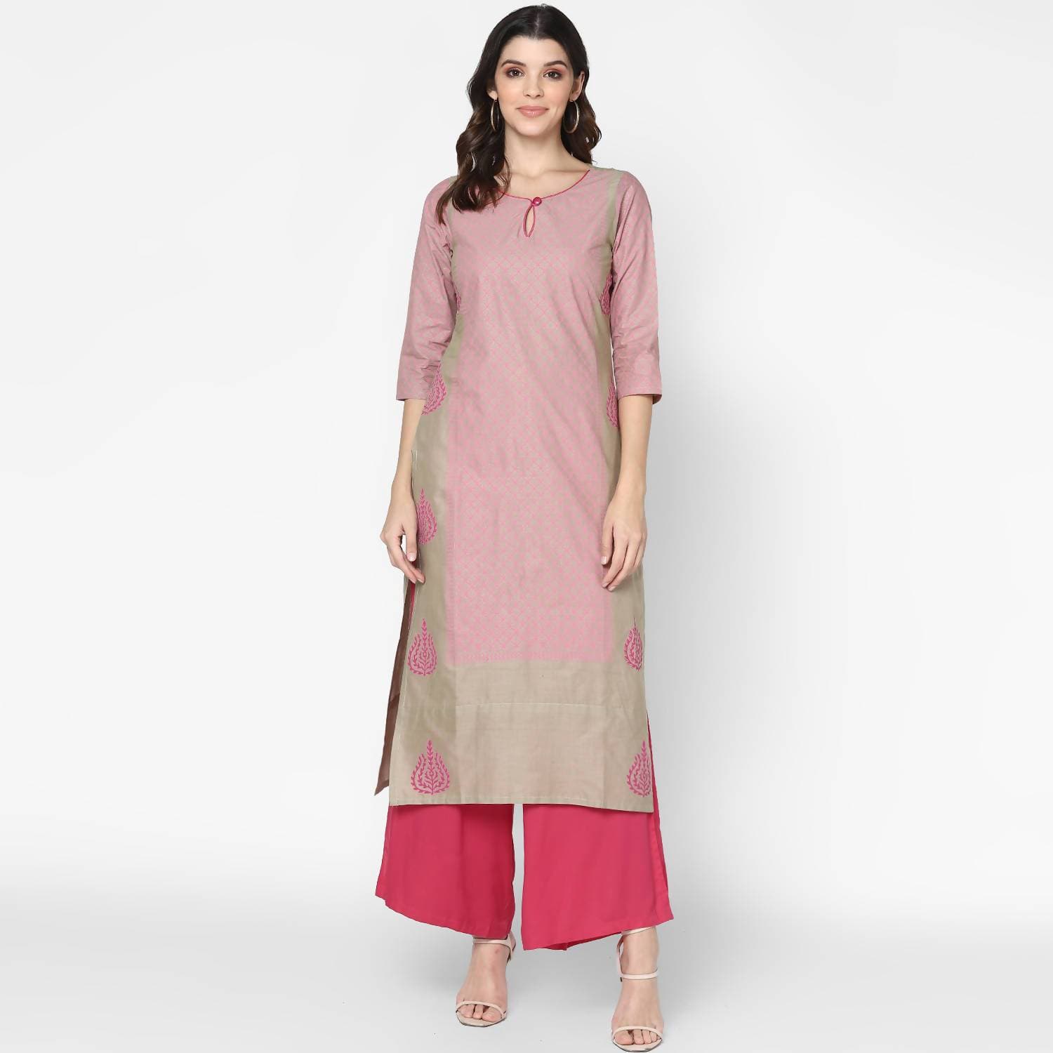 Cheera Hand Block Print Khaki & Magenta Straight Kurta With Palazzo (MAAI-077K)