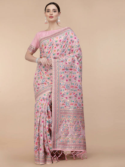 Light Pink Silk Blend Woven Design Saree With Unstitched Blouse Piece - Aloki - Distacart