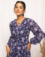 Thumbnail for FIORRA Women's Blue Georgette Floral Printed Western Dress - Distacart