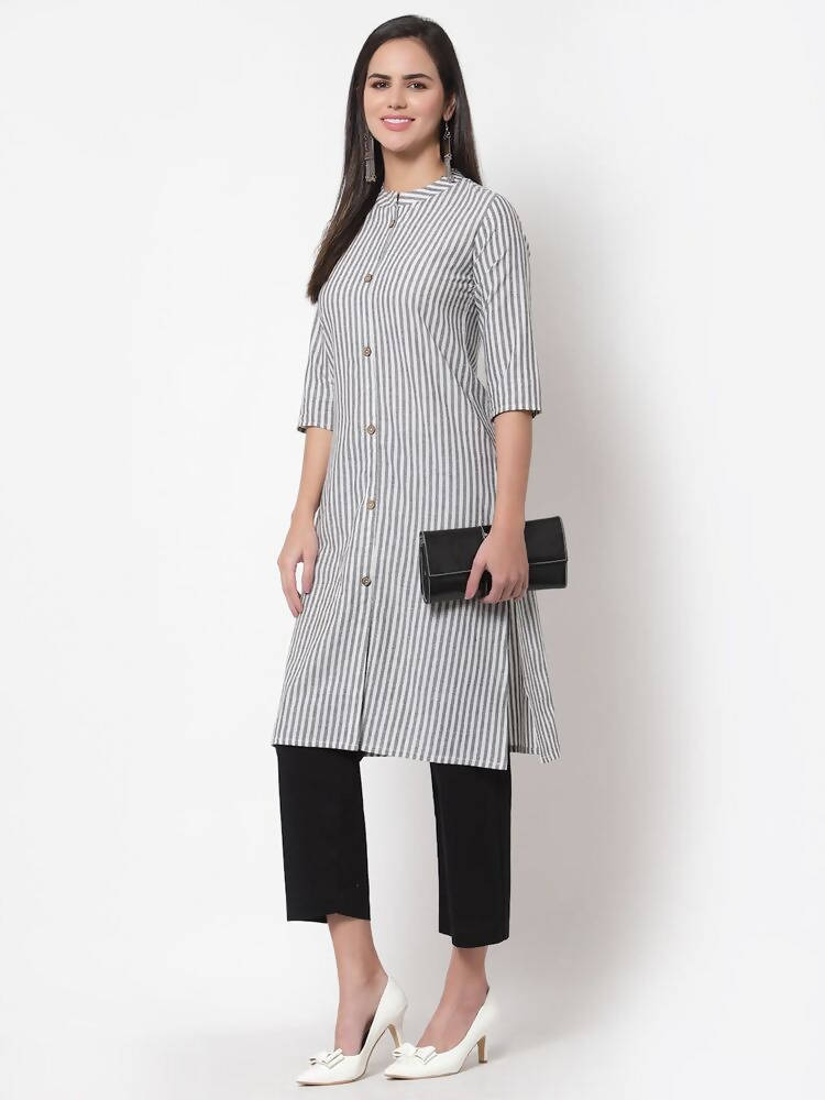 Myshka Women's Grey Cotton Stripe Pattern 3/4 Sleeve Round Neck Grey Kurti