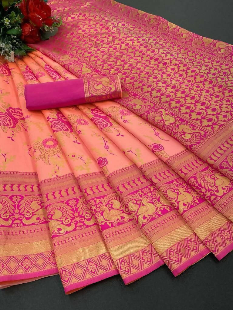 DEIANA'S Beautiful Golden Jari with New Design Soft Lichi Silk Saree - Peach - Distacart