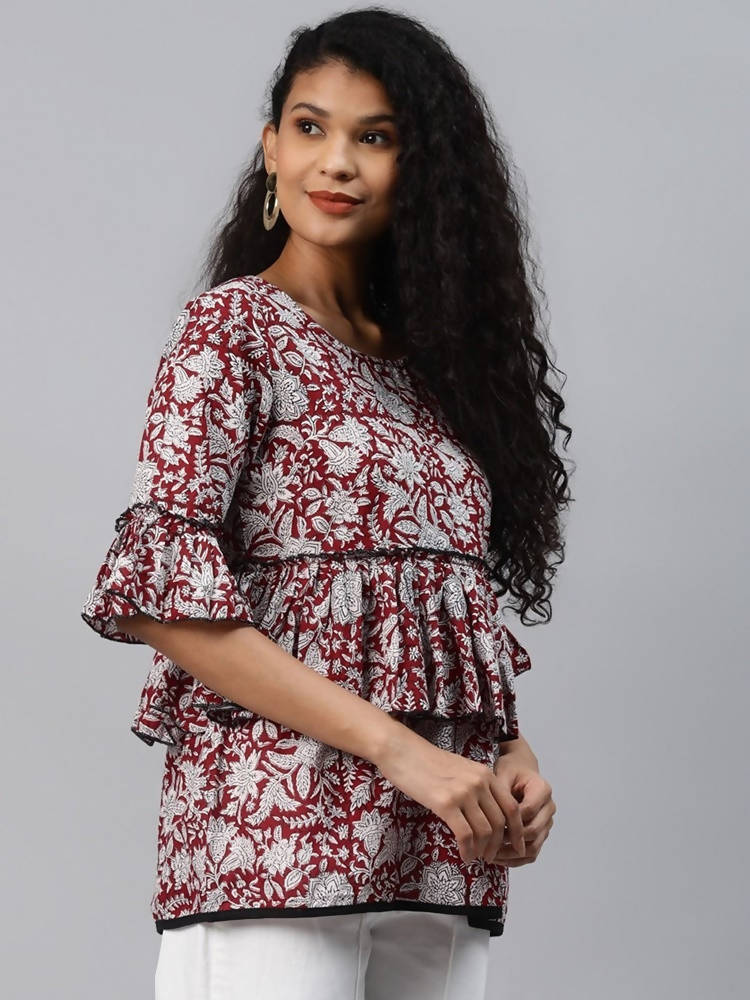 Yufta Women Red & White Bell Sleeve Layered Handblock Ethnic Motifs Print Regular Top