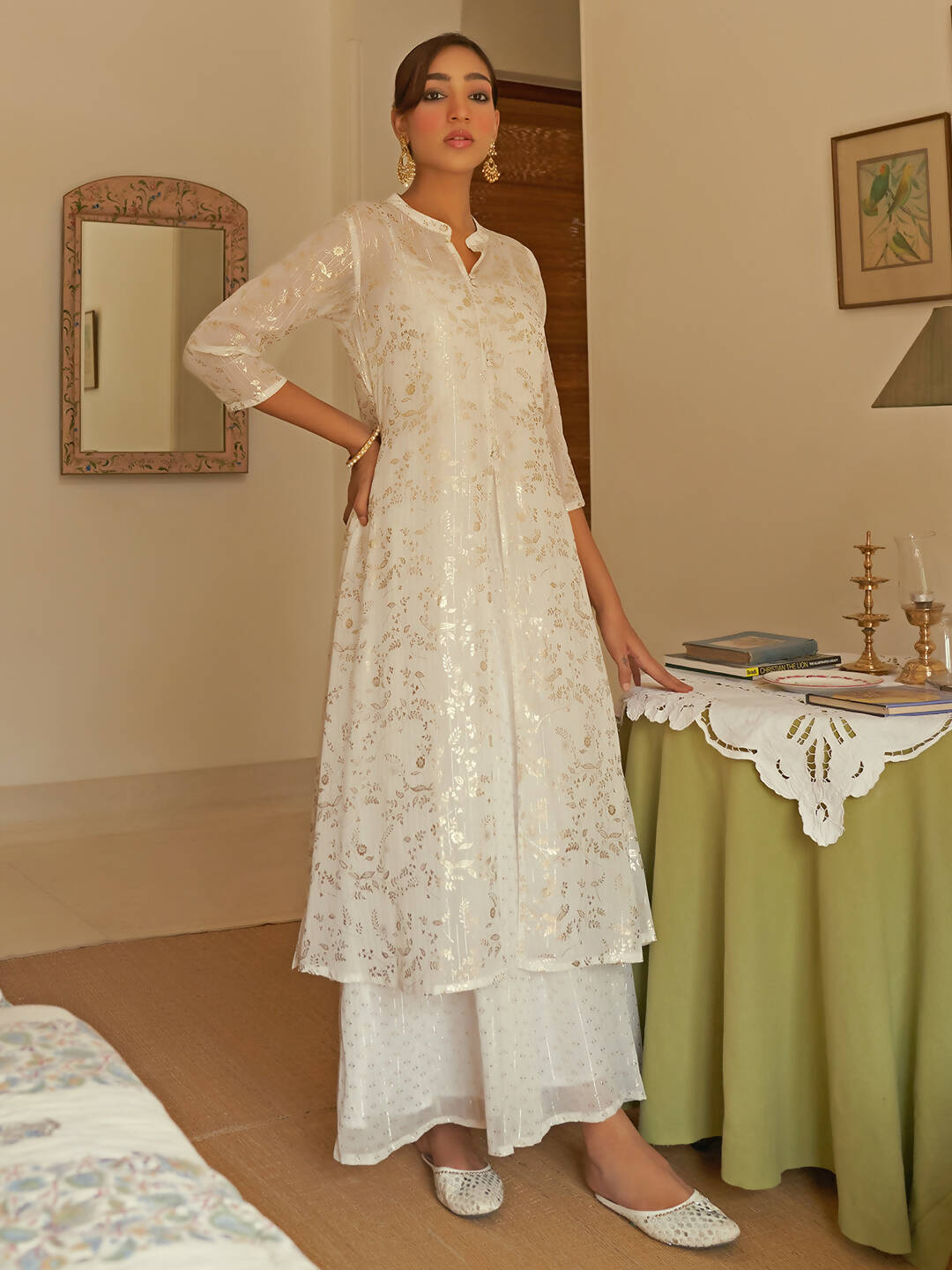 Janasya Women's White Chiffon Lurex Foil Printed Festive Flared Kurta Set - Distacart