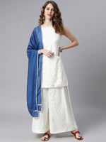 Thumbnail for Janasya Off White & Silver Printed Kurta with Palazzos & Dupatta - Distacart