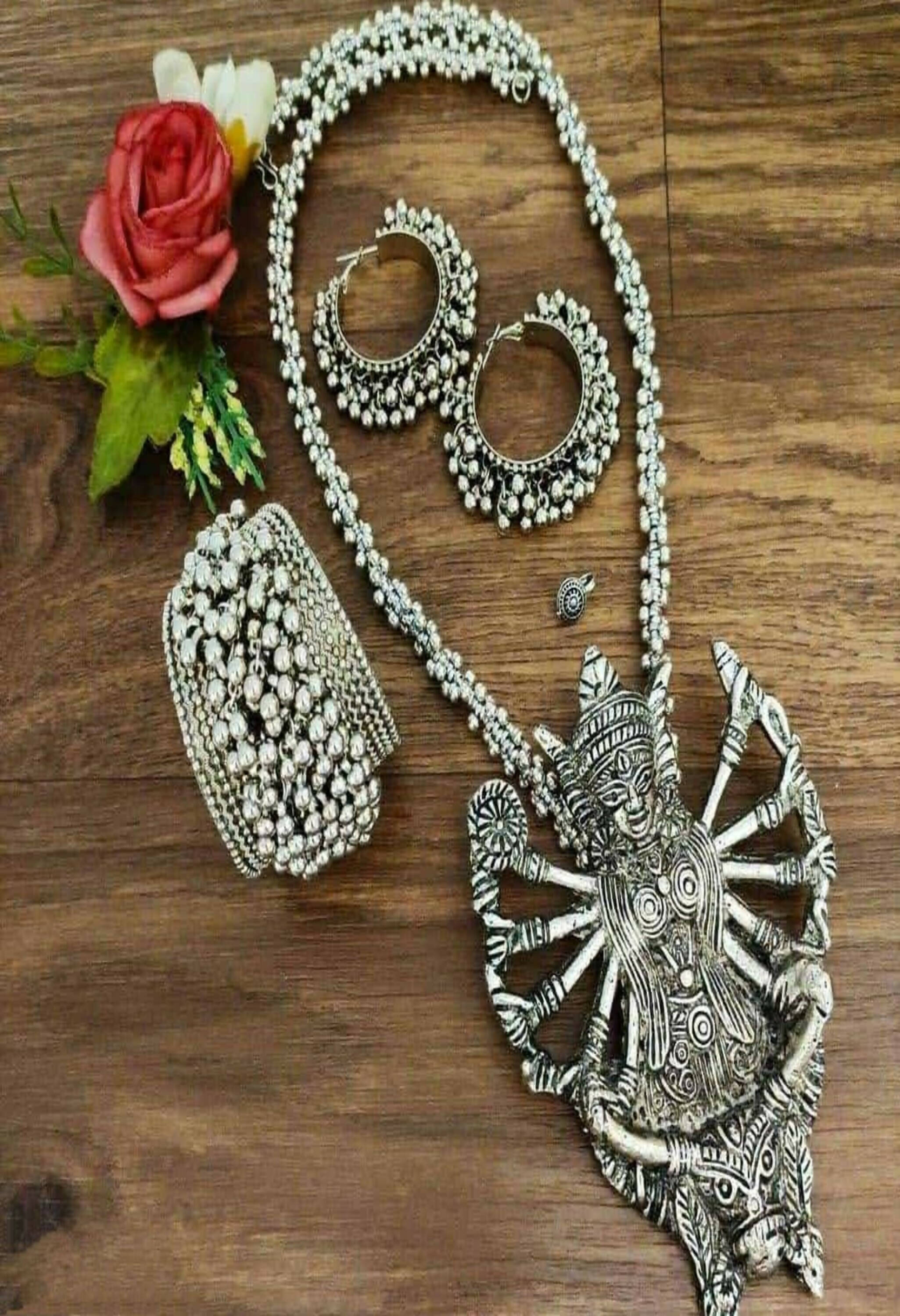Mominos Fashion Johar Kamal Silver-Plated Brass Finish Kaali Mata Long Neckalce Combo Set For Women - Distacart