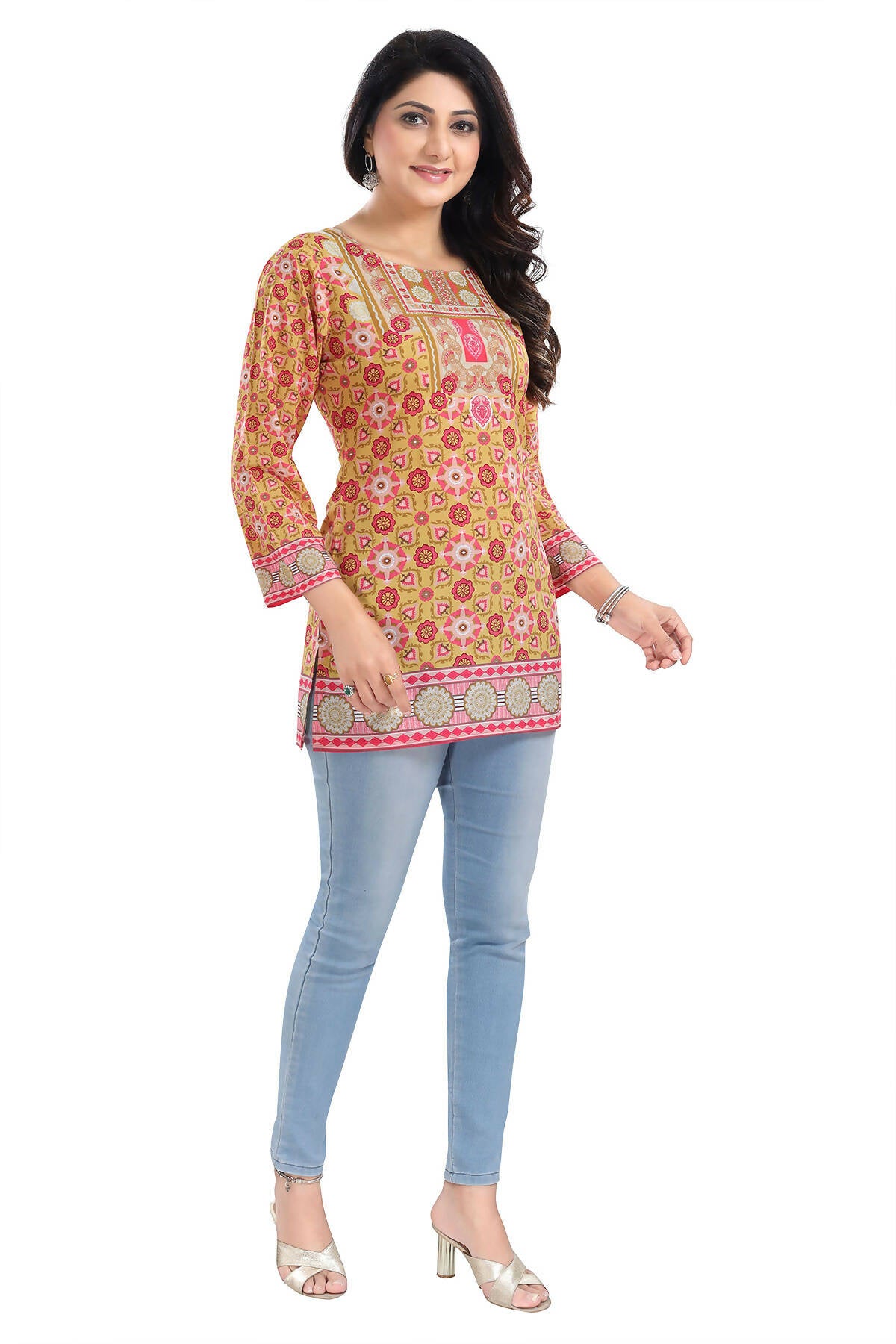 Snehal Creations Yellow Faux Crepe Short Kurti Tunic Top - Distacart