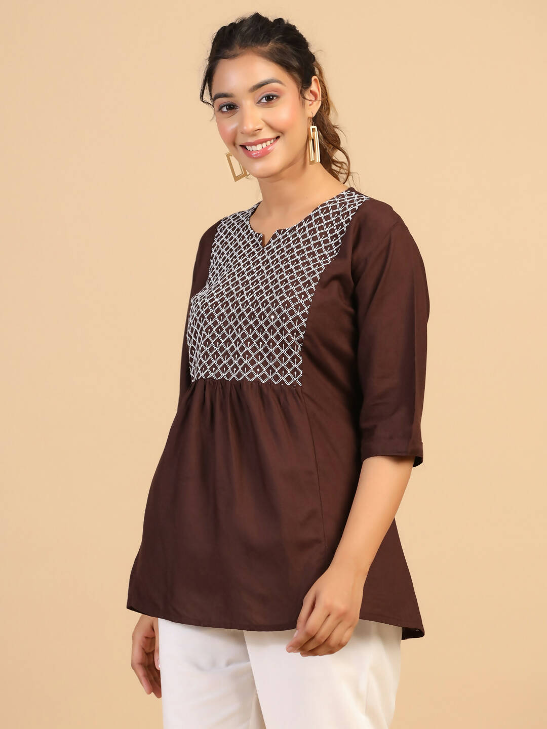 Womens Brown Rayon Yoke Embroidered Top - Keeva - Distacart