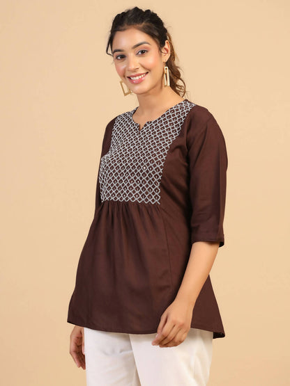 Womens Brown Rayon Yoke Embroidered Top - Keeva - Distacart