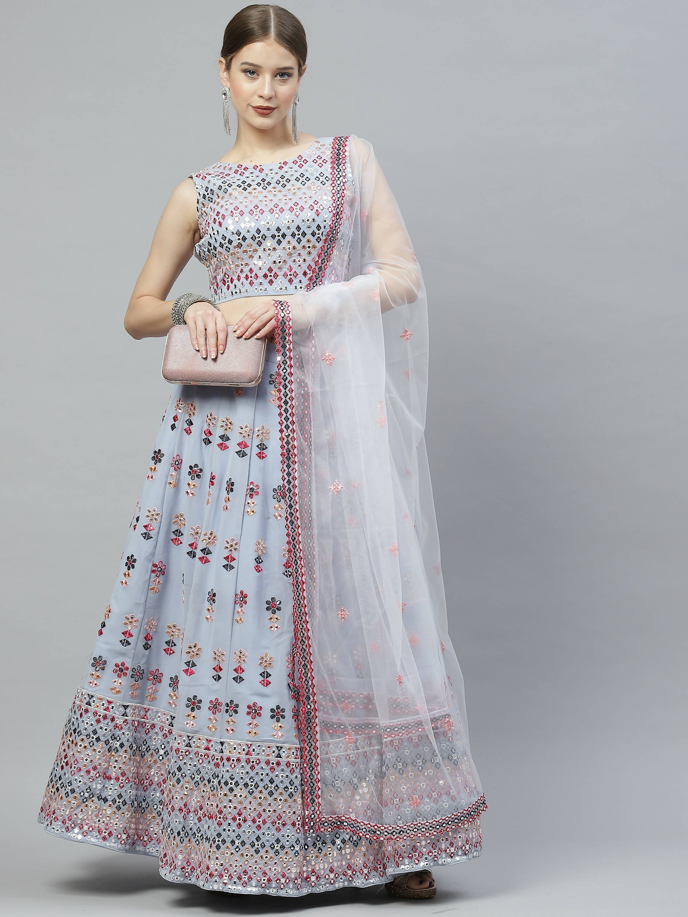 Sky Blue Georgette Heavy Embroidery mirror Work Lehenga Choli with Dupatta - Jivika - Distacart