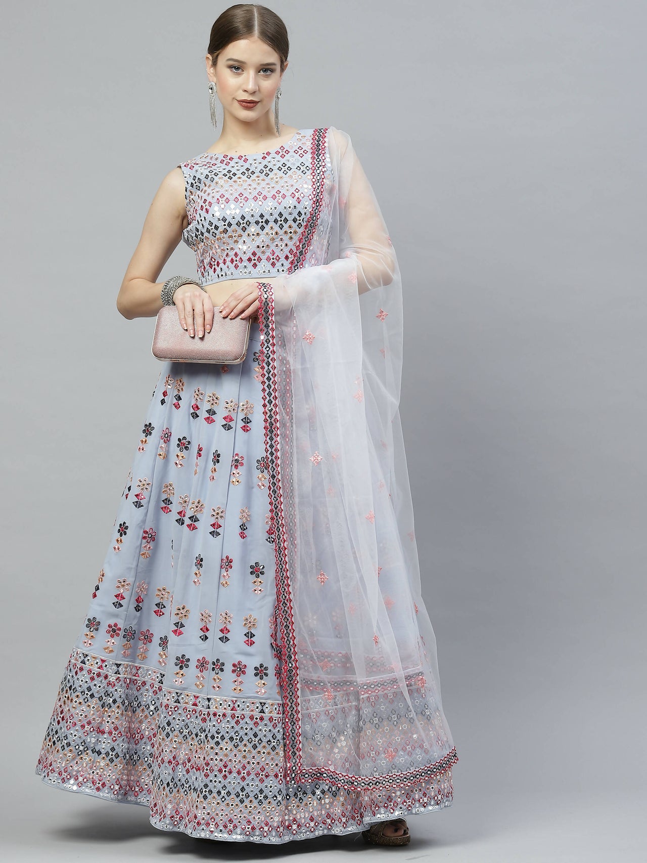 Sky Blue Georgette Heavy Embroidery mirror Work Lehenga Choli with Dupatta - Jivika - Distacart