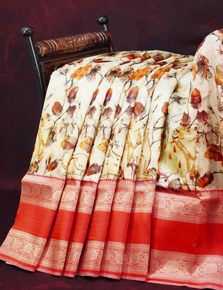 Milk White Banaras Border Pichwai Design Banarasi Semi Silk Saree By Gayathri Reddy Designer Studio - Distacart