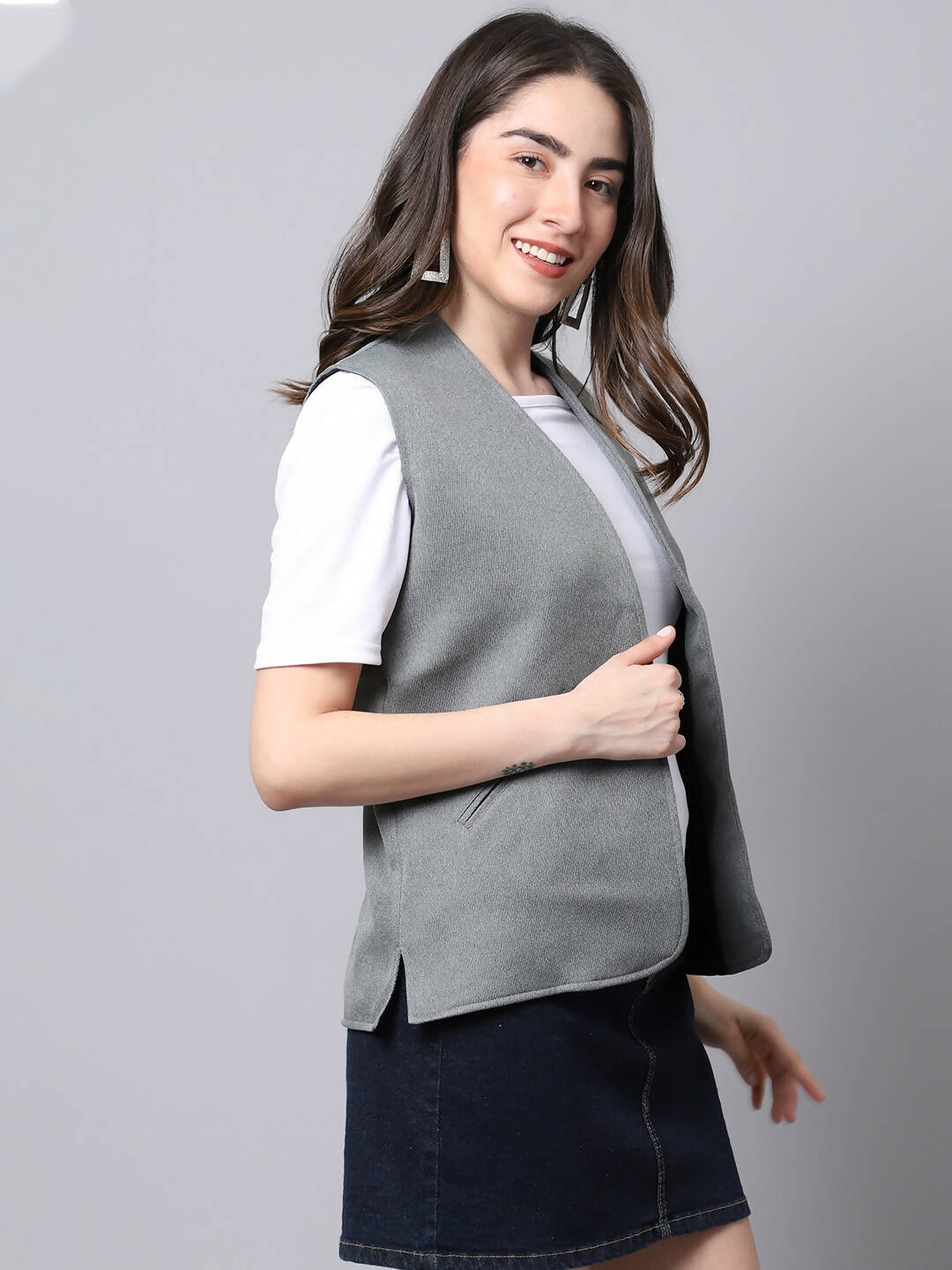 Even Apparels Grey Polyblend Open Front Women's Waistcoat - Distacart