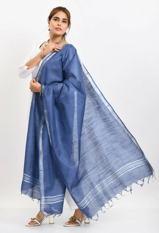 Mominos Fashion Moeza Women's Linen Cotton Silver Border Blue Dupatta - Distacart