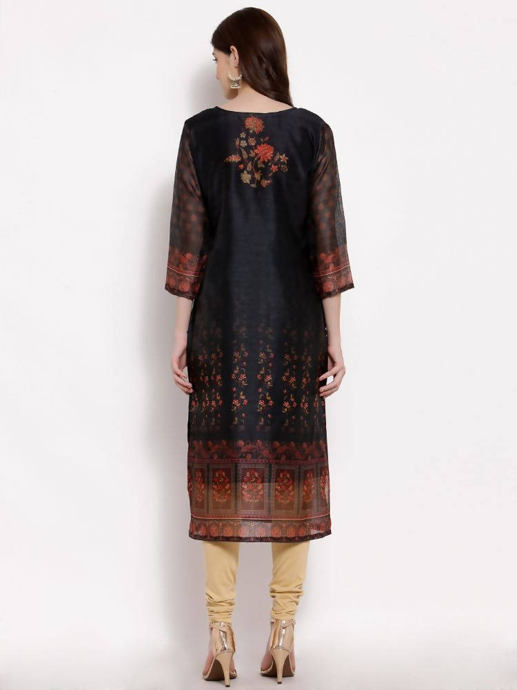 Myshka Women's Multi Chanderi Silk 3/4 Sleeve Round Neck Printed Casual kurta
