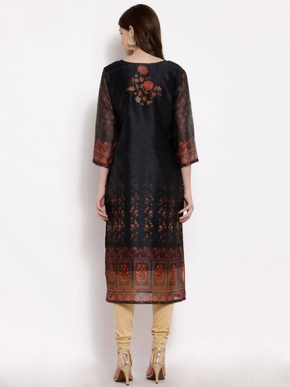 Myshka Women's Multi Chanderi Silk 3/4 Sleeve Round Neck Printed Casual kurta