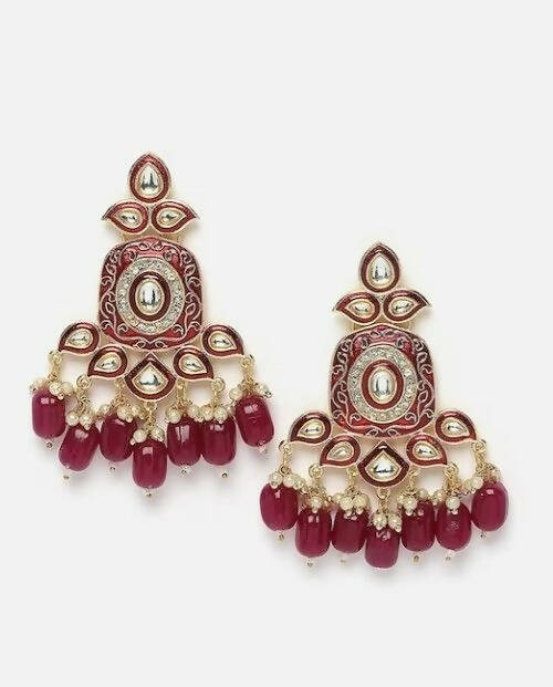 Gold-Toned Maroon Kundan Contemporary Drop Earrings for Women & Girls By House of Ree - Distacart