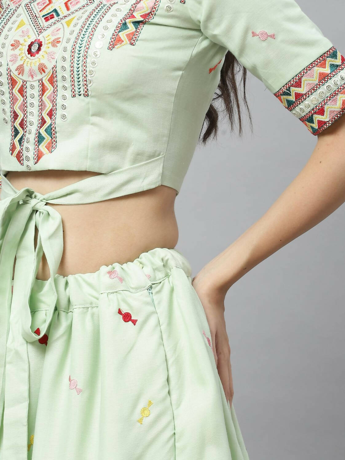 Pista Cotton Embroidered Work Lehenga Choli with Dupatta - Jivika - Distacart