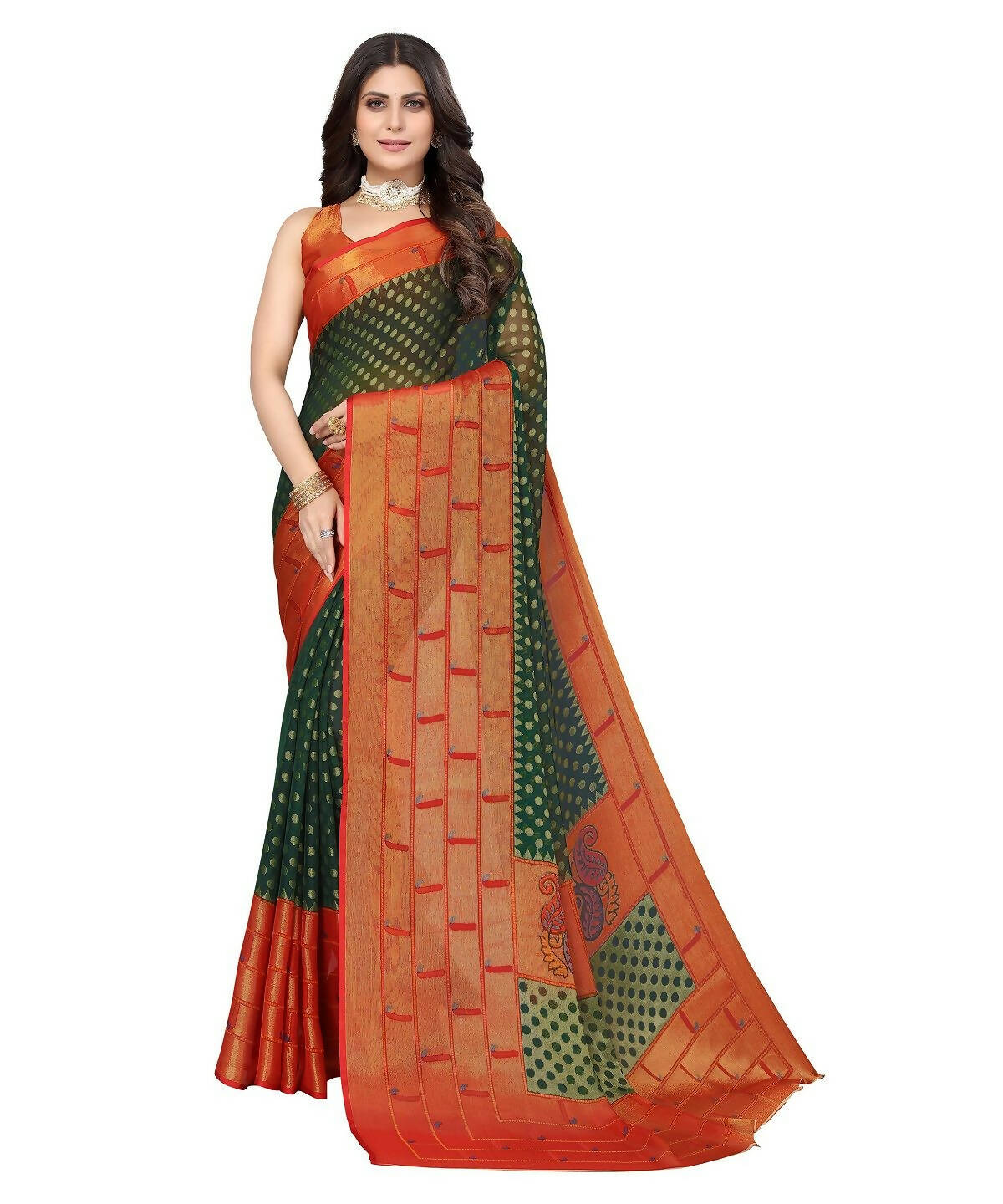 Vamika Green Chiffon Brasso Bollywood Style Woven Saree (DIMPLE GREEN) - Distacart