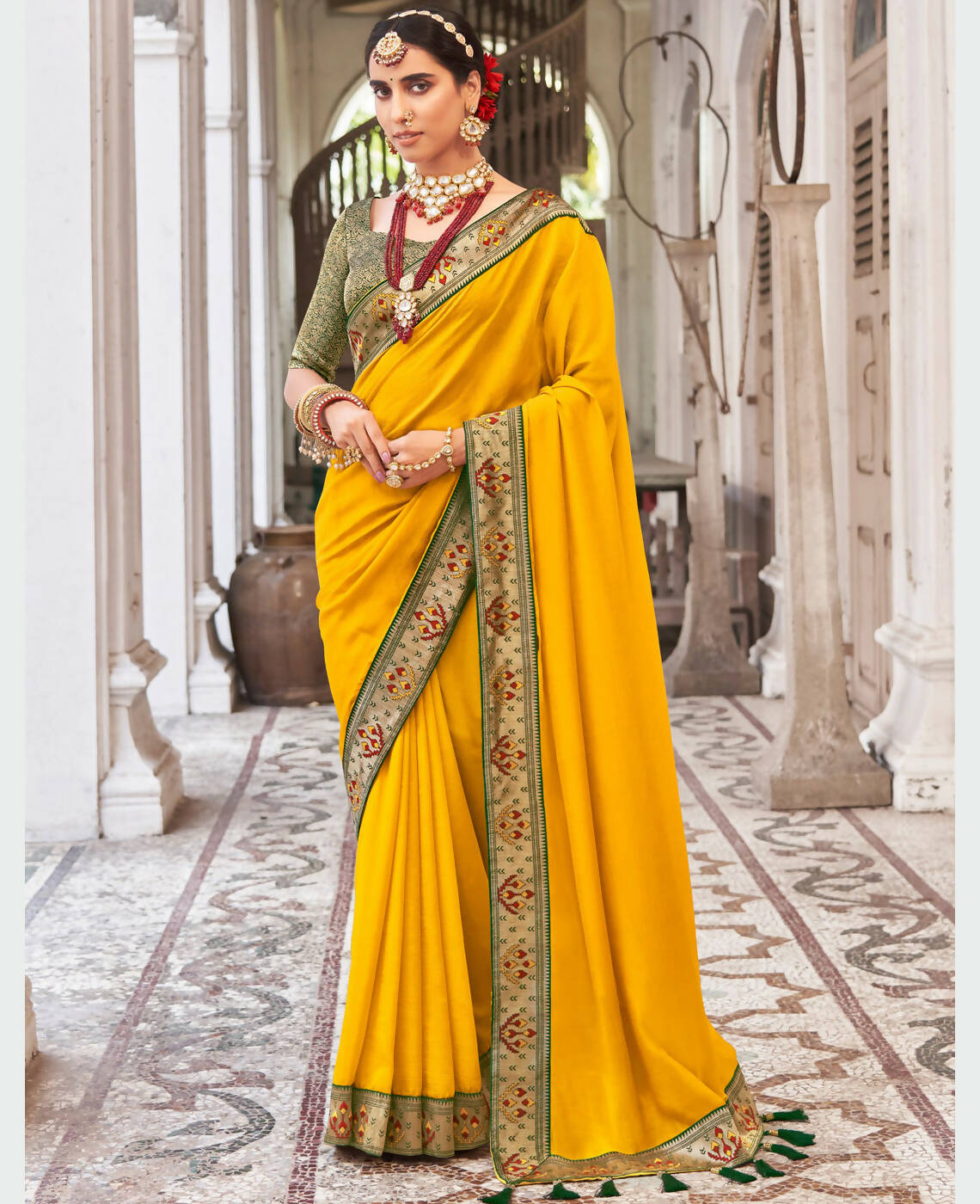 Mustard Vichitra Solid Saree With Unstitched Blouse Piece - Juhi - Distacart