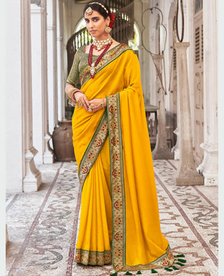 Mustard Vichitra Solid Saree With Unstitched Blouse Piece - Juhi - Distacart