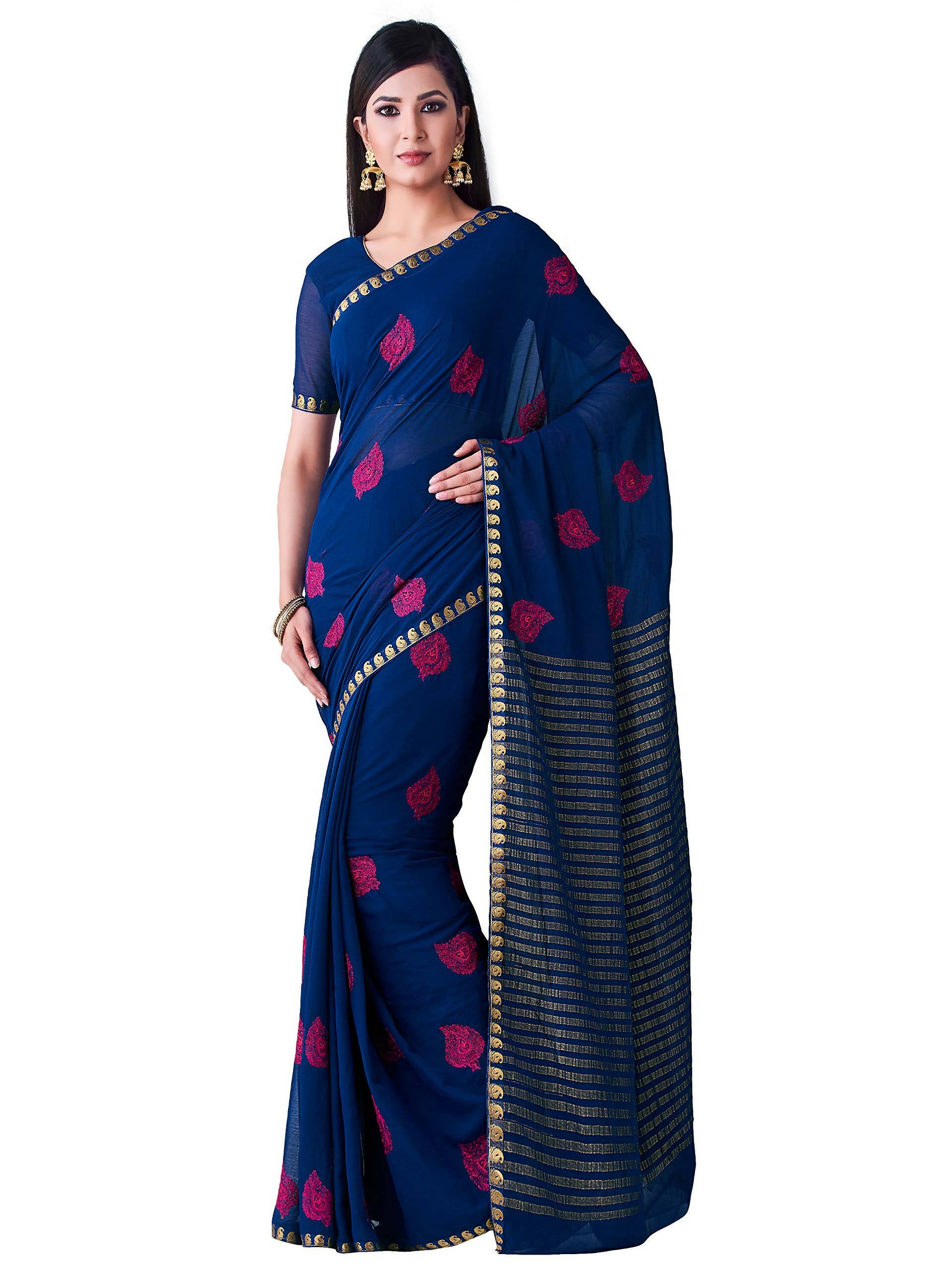 Mimosa Women's Navy Blue Banarasi Chiffon Saree - Distacart