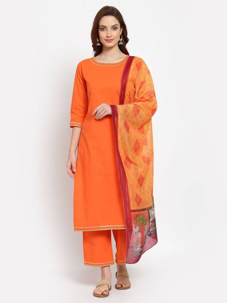 Myshka Women's Orange Solid Cotton 3/4 Sleeve Round Neck Casual Kurta Pant Dupatta Set