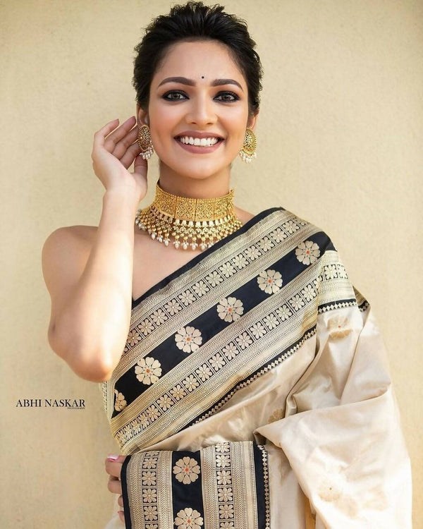 DEIANA'S Beautiful Golden Jari with New Design Soft Lichi Silk Saree - Cream - Distacart