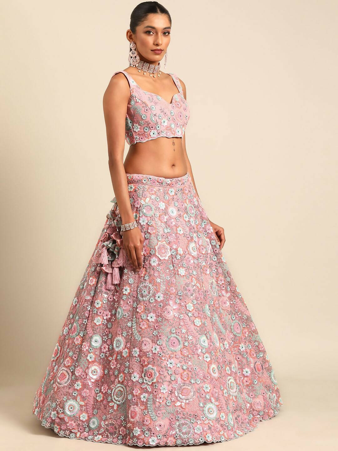 House of Panchhi Pink Net Sequins, Mirror and thread embroidery Lehenga choli & Dupatta - Distacart