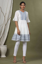Thumbnail for Juniper White Cotton Dobby Festive Embroidered Tiered Dress For Women - Distacart