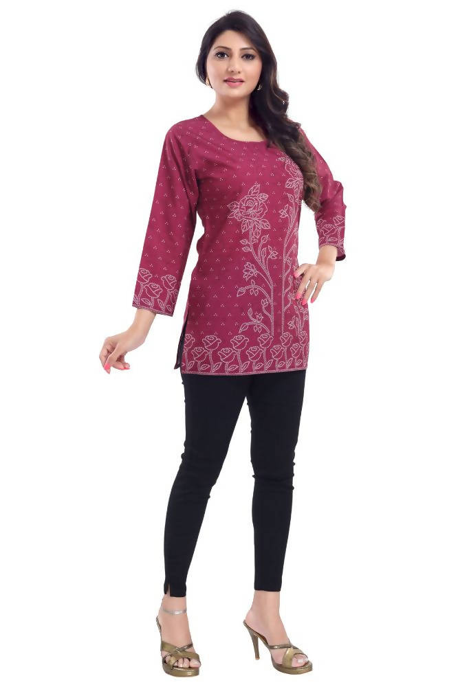 Snehal Creations Magenta Faux Crepe Short Kurti Tunic Top