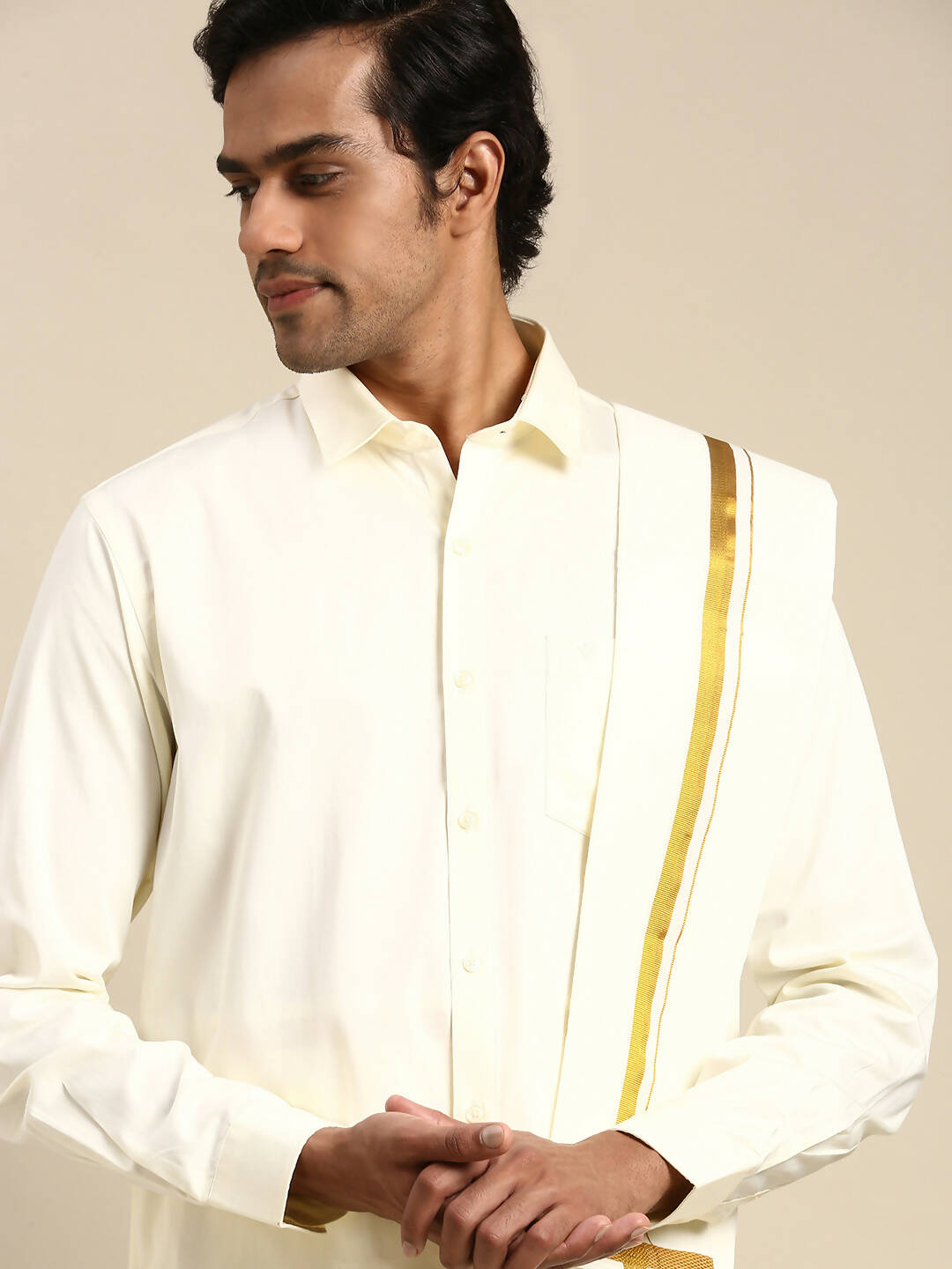 Ramraj Cotton Premium Wedding Cream Regular Dhoti, Shirt & Towel Set Golden Reward - Distacart
