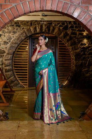 Vishnu Weaves Women's Rama Paithani Silk Zari Woven Saree with Unstitched Blouse - Distacart