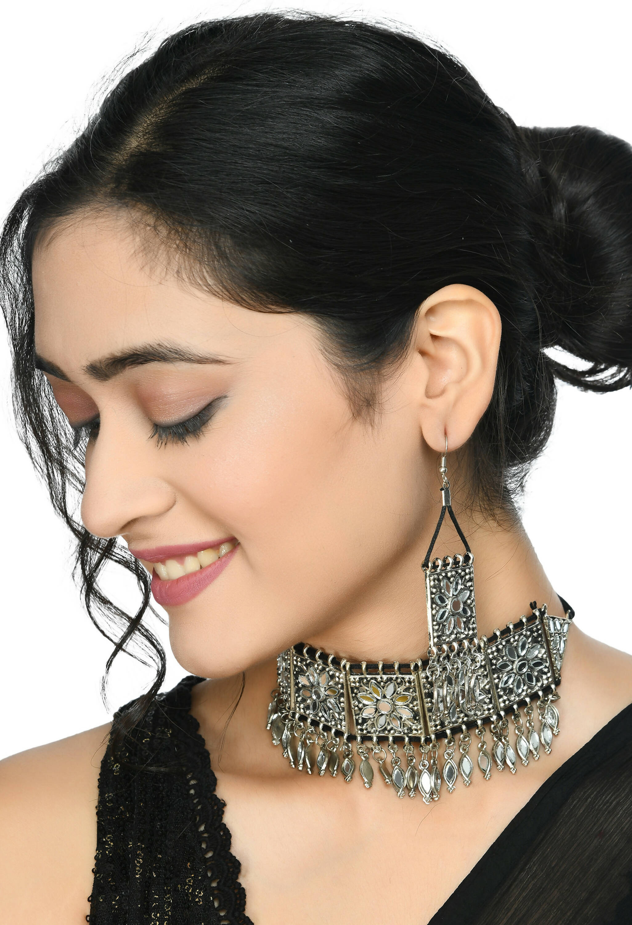 Mominos Fashion Johar Kamal Women Silver-Plated Brass Finish Mirror Work Choker - Distacart